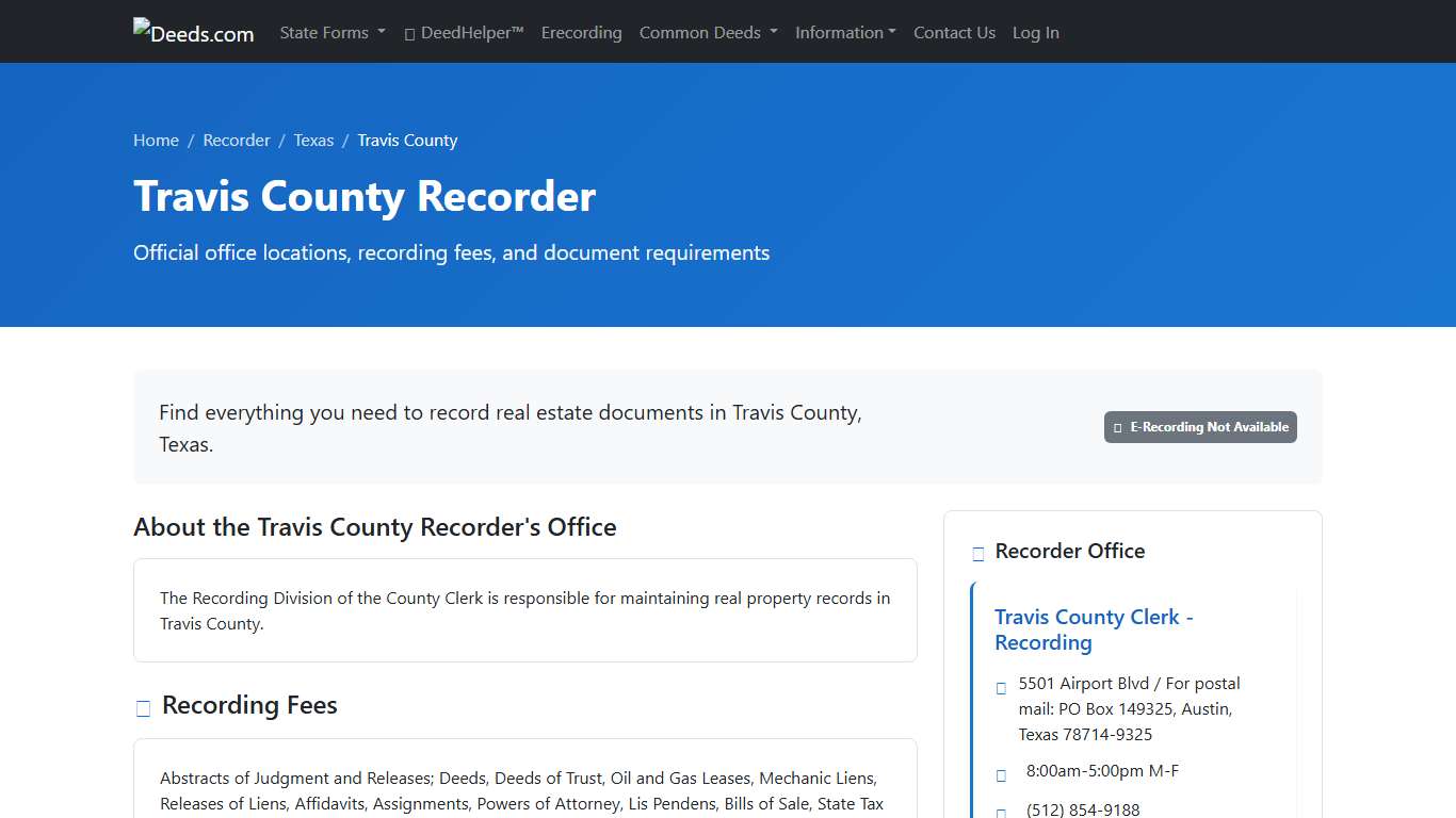 Travis County Recorder Information, Texas - Deeds.com