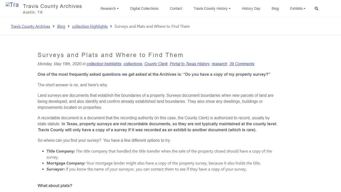 Surveys and Plats and Where to Find Them - Travis County Archives Travis County Archives